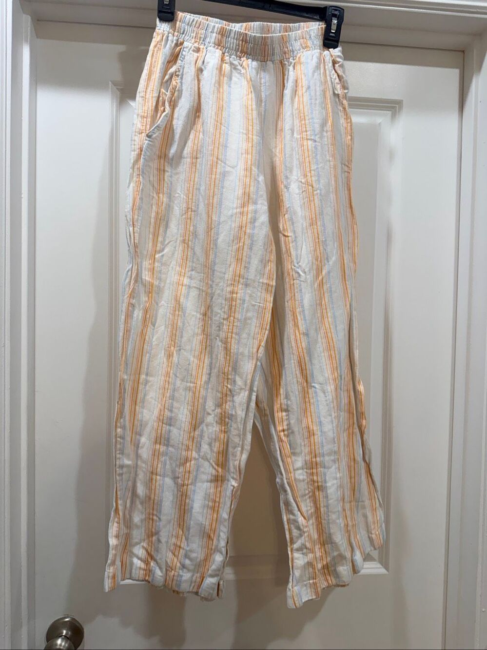 For Cynthia White Yellow Striped Linen Blend Beach Pants Relaxed Fit Size S